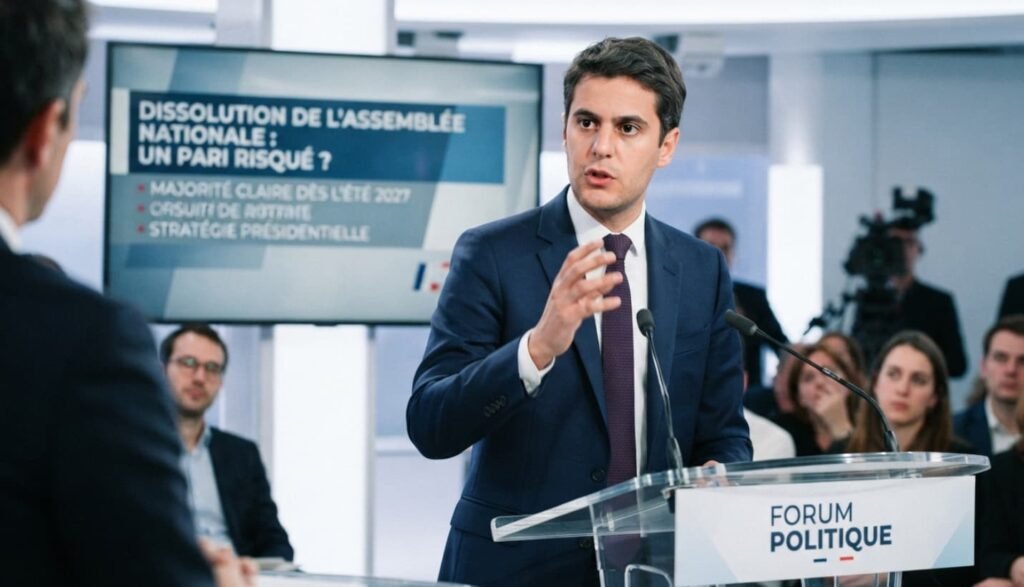 Gabriel Attal en costume sombre parlant face caméra sur un plateau de télévision avec éclairage bleu