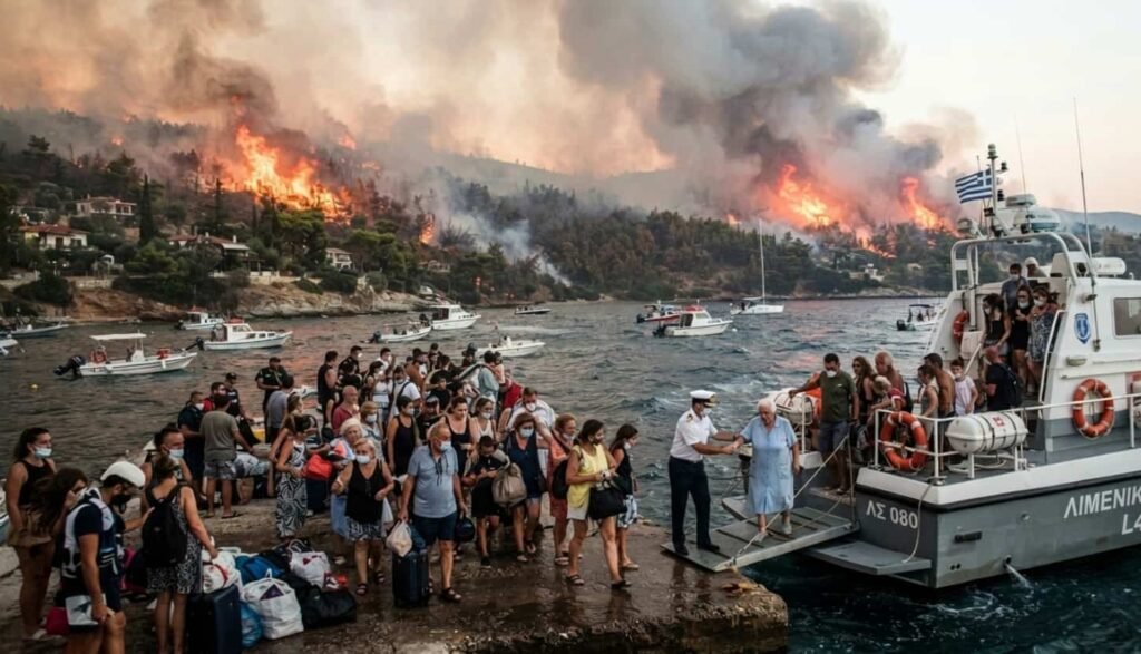 Incendies en Grèce : deux morts sur l’île de Salamine, des centaines évacuées par mer Forêt de pins en feu sur l'île de Salamine avec colonne de fumée noire s'élevant au-dessus des arbres