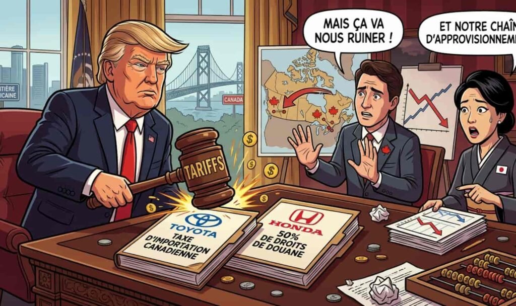 Droits de douane à 50% sur le Canada : Toyota et Honda, premières victimes de Trump Ouvriers assemblant un Toyota RAV4 blanc dans une usine automobile en Ontario
