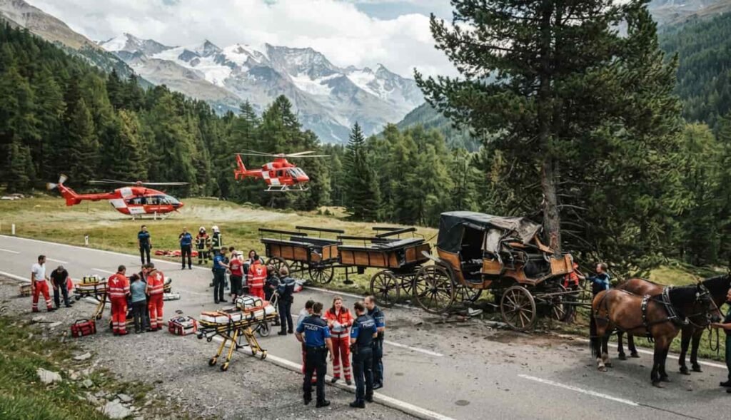 Attelage touristique composé d'une calèche et de deux remorques tirées par trois chevaux
