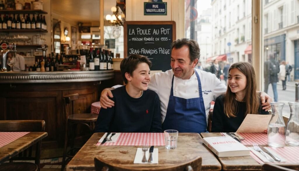 Jean-François Piège en veste blanche de chef posant dans sa cuisine