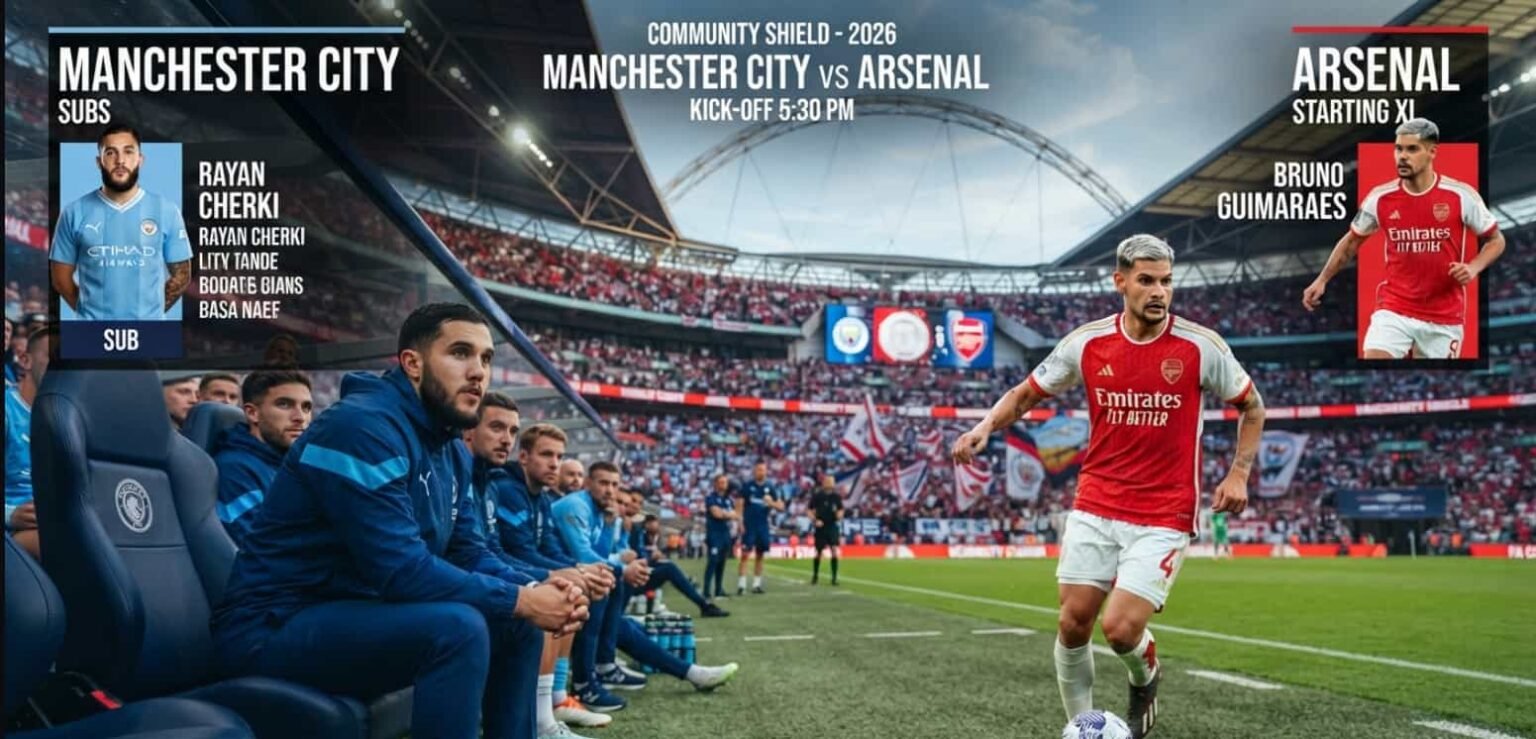 Rayan Cherki assis sur le banc de Manchester City en survêtement bleu ciel lors du Community Shield