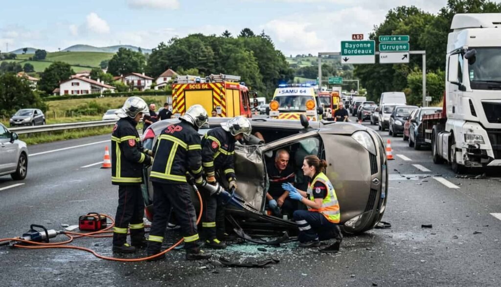 Voiture accidentée couchée sur le flanc au milieu de l'autoroute A63