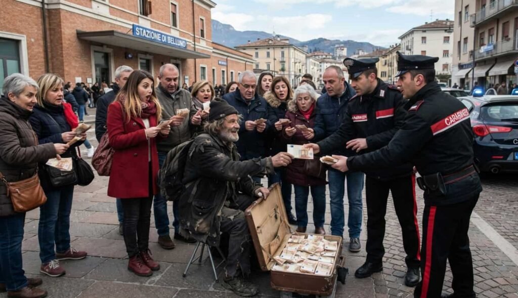 Un homme sans-abri distribue des billets de banque à des passants près de la gare de Belluno