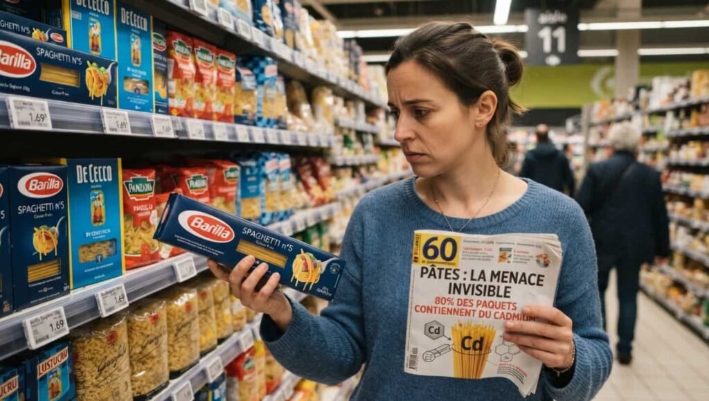 Contamination au cadmium : 80% des paquets de pâtes concernés en France Rayon de supermarché avec des paquets de penne rigate et de spaghetti alignés sur étagères
