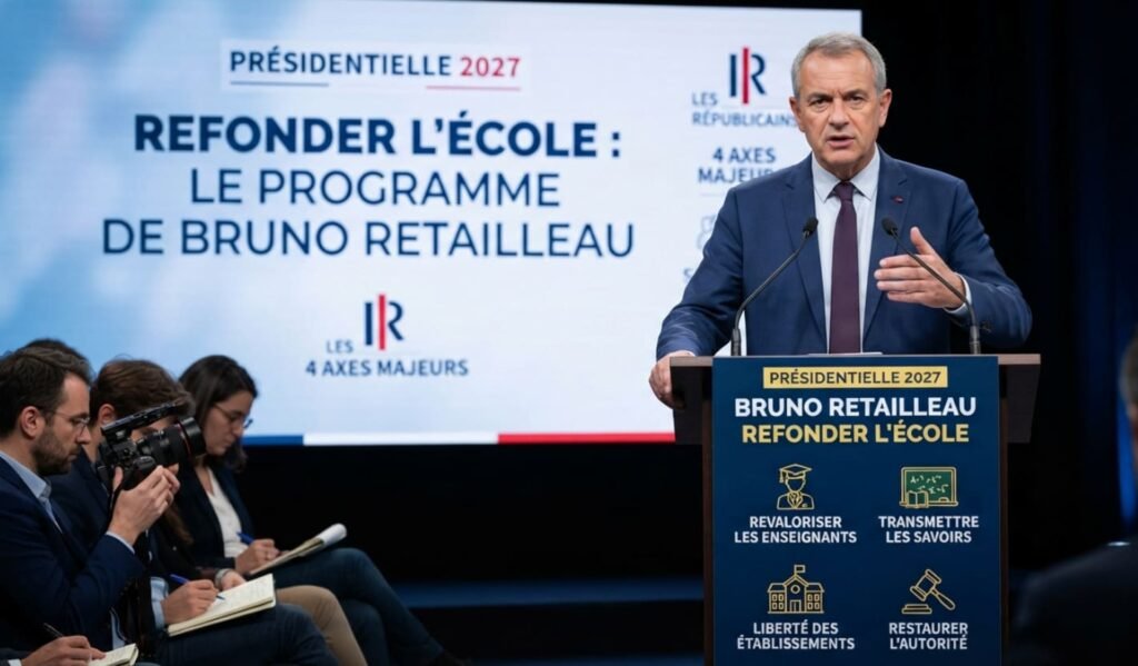Présidentielle 2027 : Bruno Retailleau dévoile son plan pour refonder l’école Bruno Retailleau debout devant un pupitre s'adresse à des parents d'élèves dans une salle à Boulogne-Billancourt