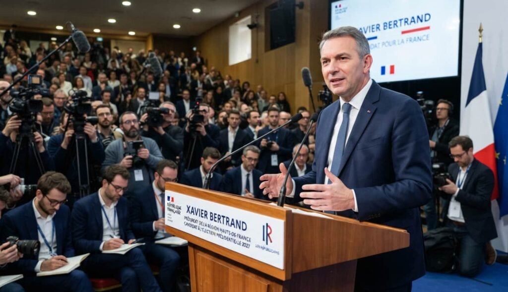 Xavier Bertrand parle au micro sur la scène de la Rencontre des Entrepreneurs de France