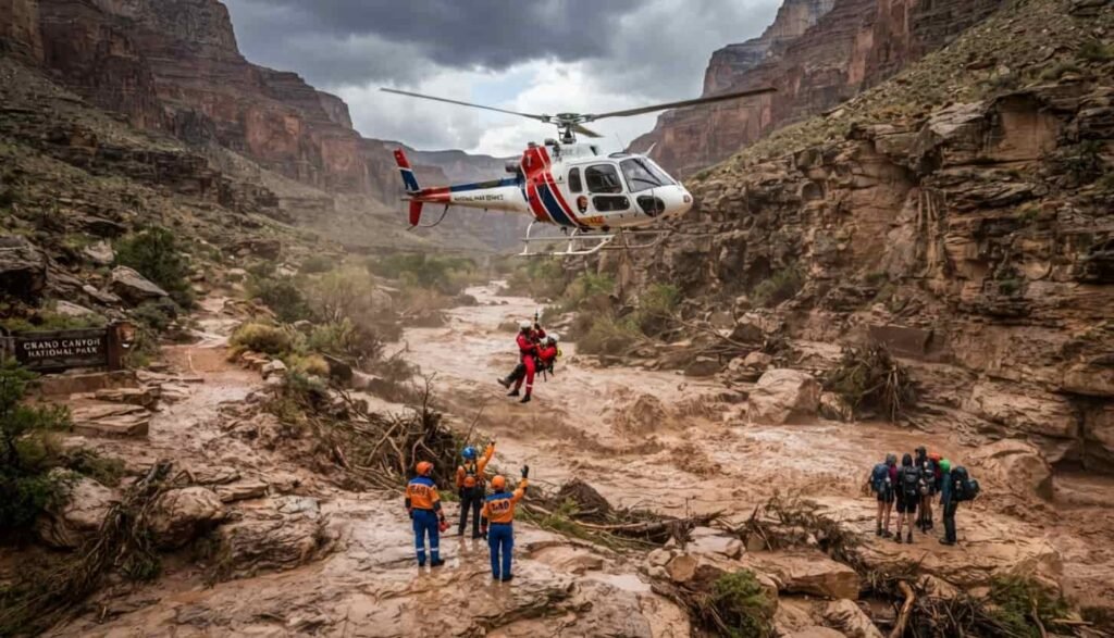 Grand Canyon : une crue éclair meurtrière fait un mort et 15 disparus à Phantom Ranch Vue aérienne du Grand Canyon montrant le fleuve Colorado boueux et gonflé après la crue éclair