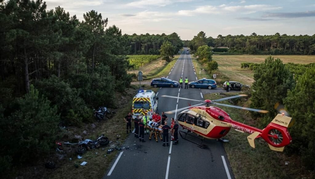 Route départementale fermée avec rubalise et véhicules de gendarmerie bloquant la circulation