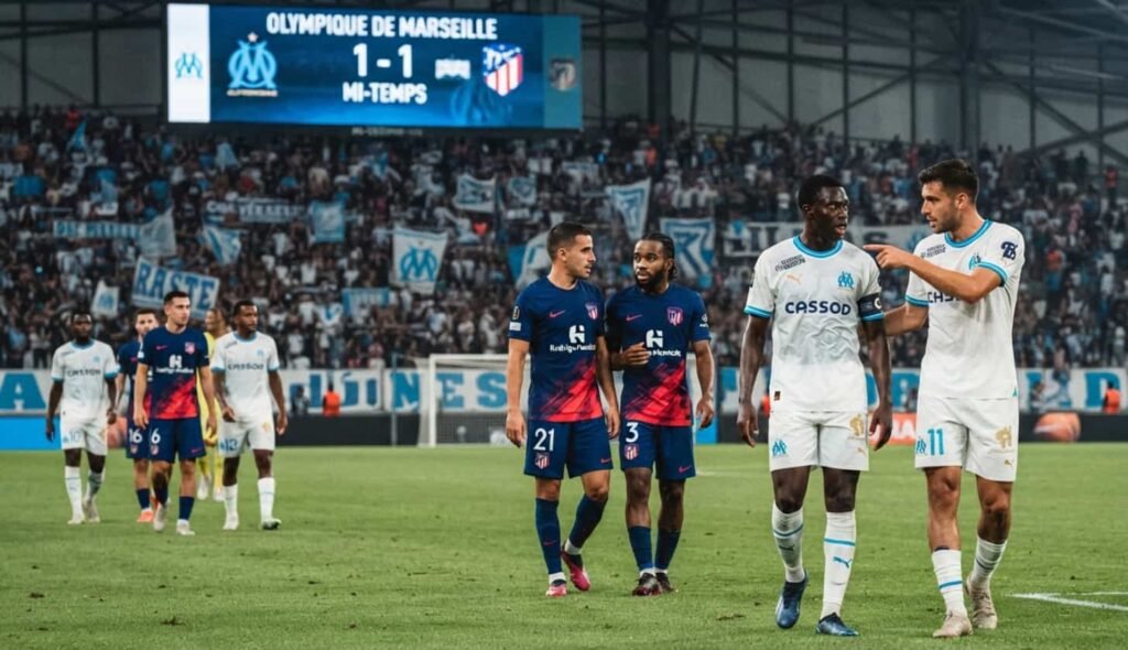 À la pause au Vélodrome l’OM tient tête à l’Atlético de Madrid 1-1 Igor Paixão réalise un lob au-dessus du gardien Jan Oblak au stade Vélodrome