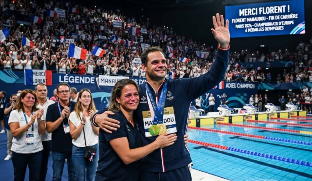 Florent Manaudou fait ses adieux à Paris : un jubilé en larmes à la Défense Arena Visage en gros plan de Florent Manaudou les yeux rougis par l'émotion