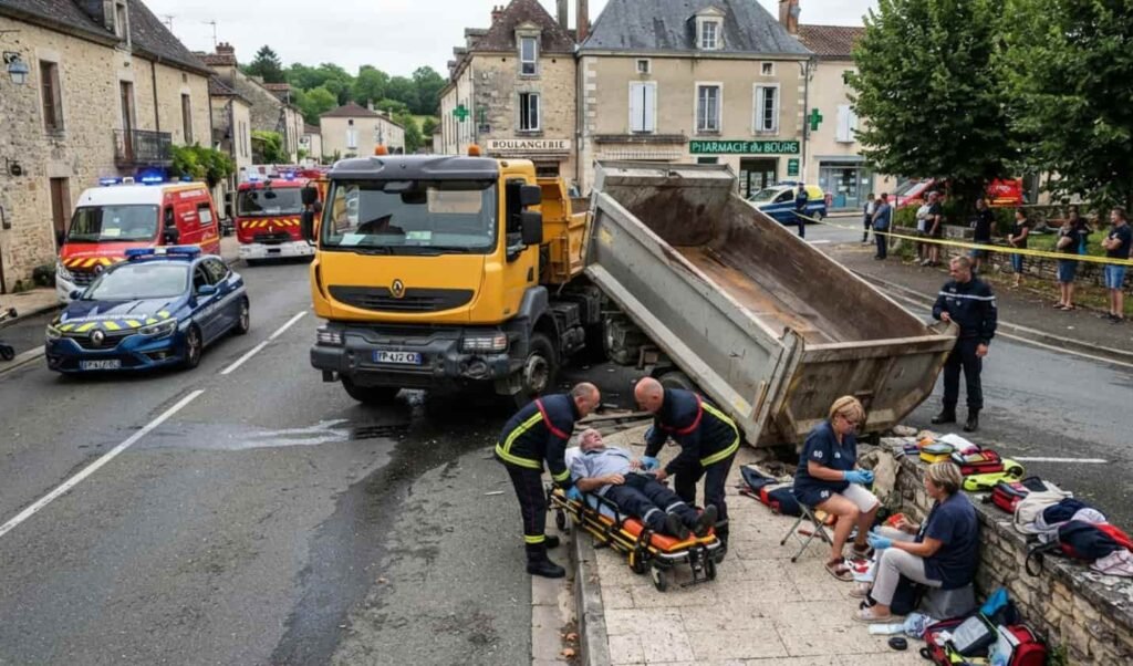 Benne de camion renversée sur le trottoir devant la médiathèque de Saint-Aulaye-Puymangou
