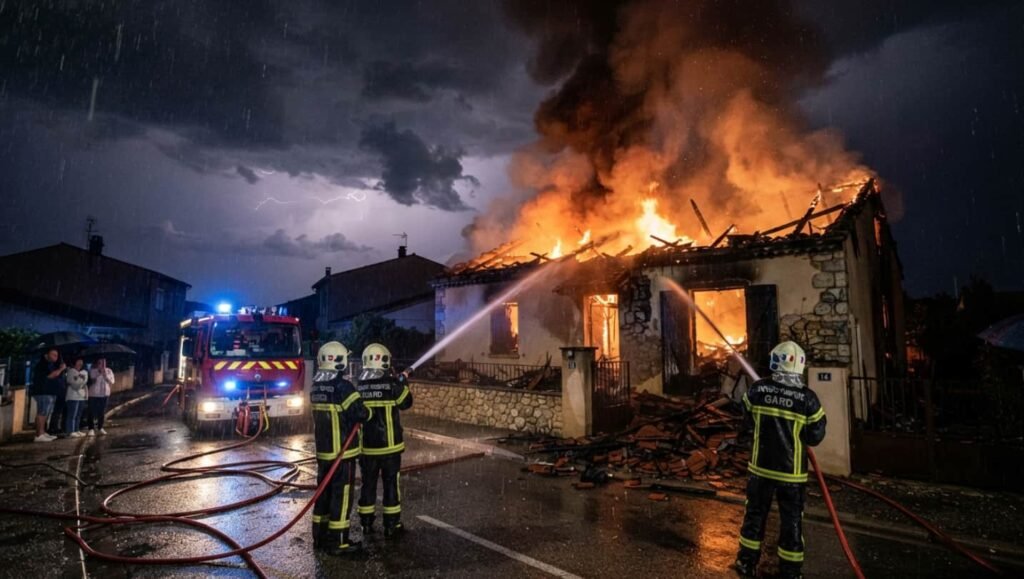 Toiture d'une maison à Bernis éventrée par un impact de foudre avec tuiles noircies