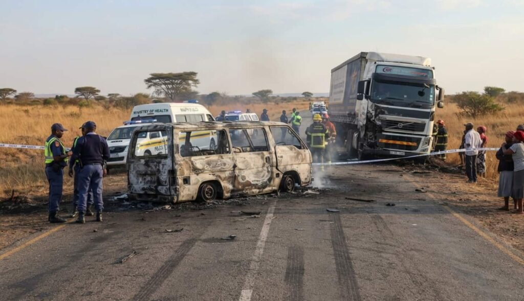 Carcasse noircie et calcinée d'un minibus blanc sur le bord d'une route goudronnée