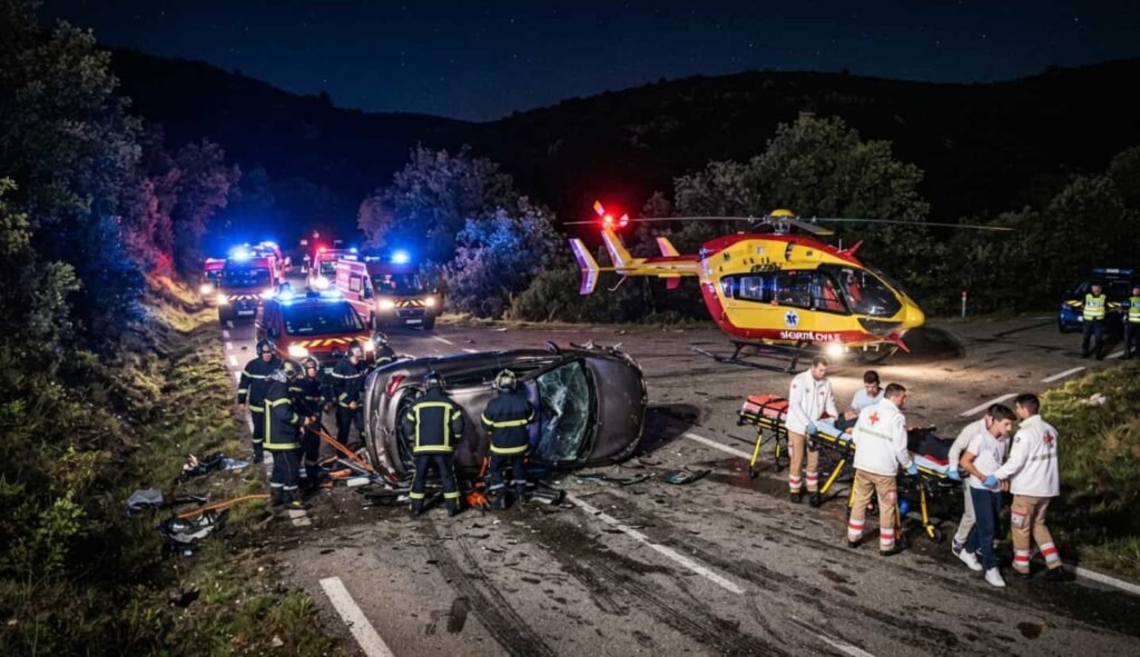 Nord Gard : quatre ados blessés graves dans une sortie de route, hélicoptère mobilisé Route départementale 10 fermée de nuit à Saint-André-de-Valborgne avec rubalise de gendarmerie
