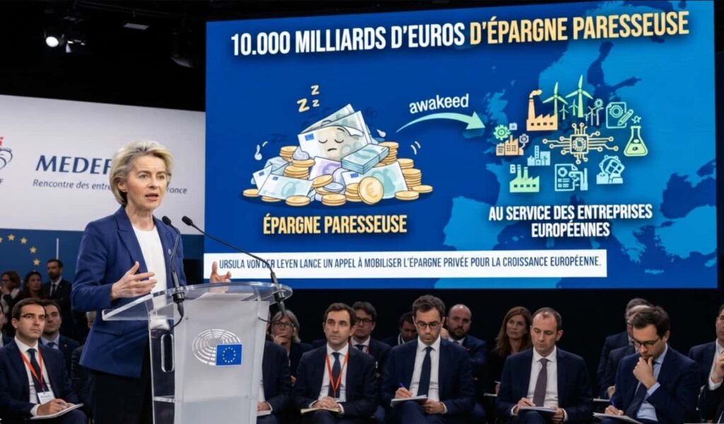 REF du Medef : Ursula von der Leyen veut réveiller les 10 000 milliards qui dorment Ursula von der Leyen parle sur la scène du court central de Roland-Garros lors de la REF du Medef