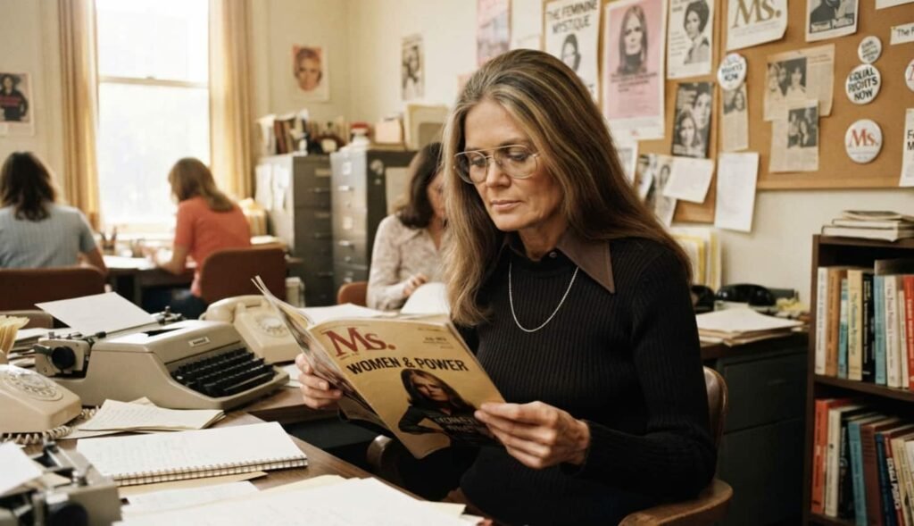 Portrait en noir et blanc de Gloria Steinem jeune, souriante, portant des lunettes aviateur et une chemise à fleurs
