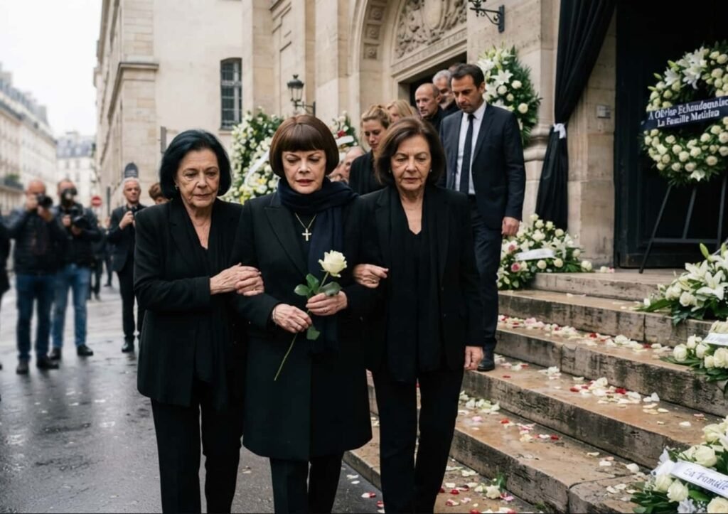 Mireille Mathieu assise sur un banc rouge, vêtue d'un haut noir à col blanc et noir
