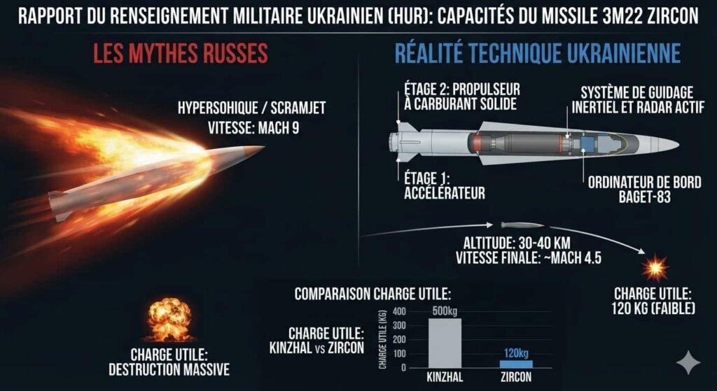 Le HUR ukrainien publie une analyse qui réduit les capacités du missile Zircon russe Un missile s'élève dans un ciel bleu à gauche, Vladimir Poutine en costume sombre à droite, avec le logo blanc et noir APT EXPLAINED en bas