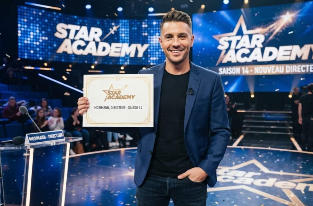 Quentin Mosimann revient à la Star Academy comme nouveau directeur Lettres D et H en style pixelisé blanc et bleu marine sur fond magenta