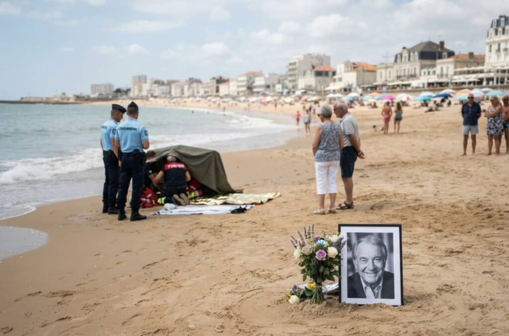 Vue aérienne de la Grande plage des Sables-d'Olonne avec des parasols et des baigneurs