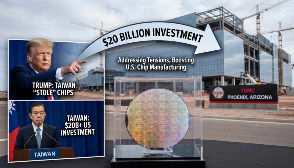 Intérieur d'une usine TSMC à Taïwan avec des techniciens en combinaison blanche dans une salle blancheIntérieur d'une usine TSMC à Taïwan avec des techniciens en combinaison blanche dans une salle blanche