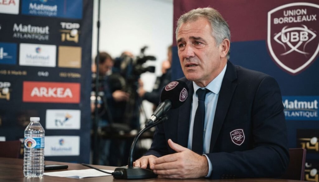 Laurent Marti, président de l'UBB, parle devant un micro lors d'une conférence de presse