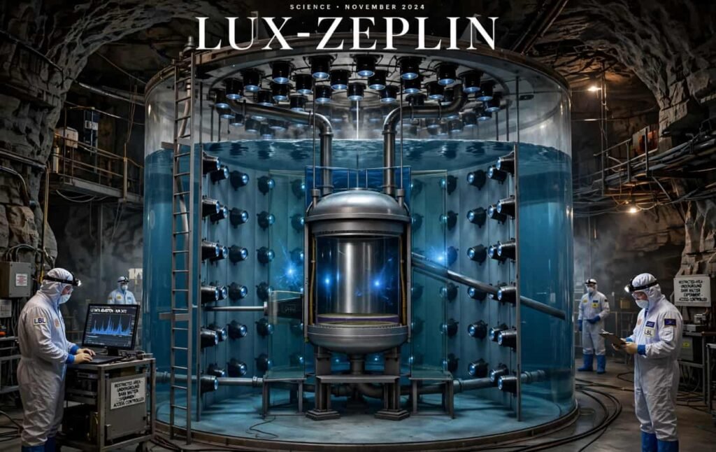 Matière noire : un signal unique capté à 1480 m sous terre relance l’espoir Vue du réservoir cylindrique du détecteur LUX-ZEPLIN en cours d'installation sous terre avec des techniciens en combinaison