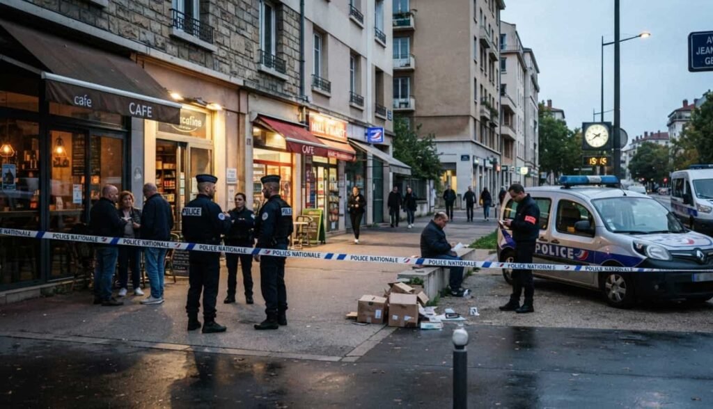 Voitures de police stationnées avenue Jean-Jaurès à Gerland de nuit avec gyrophares allumés