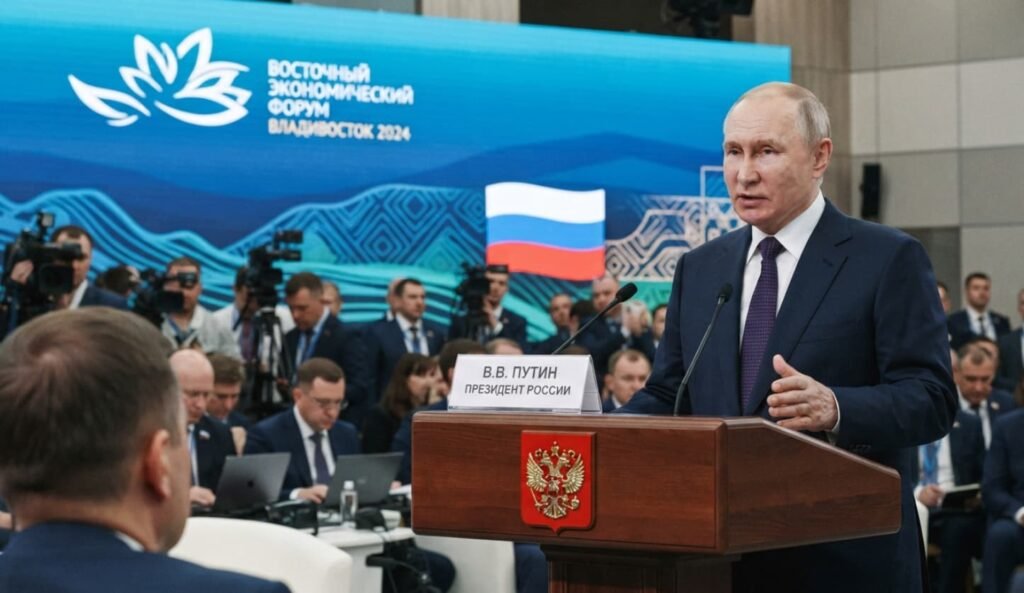 Vladimir Poutine parle devant un pupitre au Forum économique oriental de Vladivostok