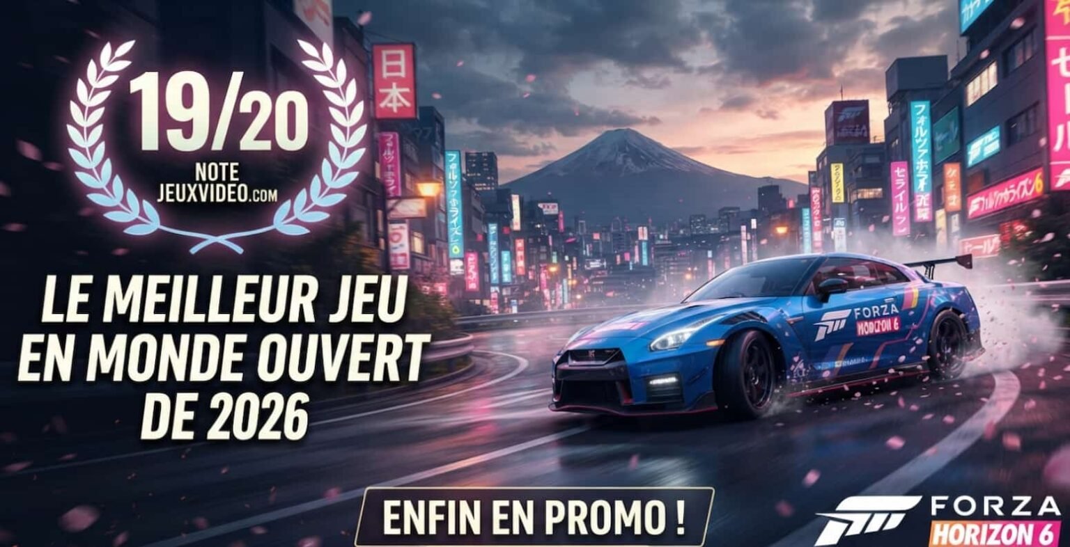 Forza Horizon 6 baisse à 55,99€ : le monde ouvert au Japon s’offre une promo Voiture de sport en drift sur une route sinueuse de montagne japonaise au coucher du soleil