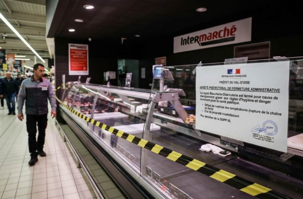 Montmagny : la préfecture ferme la boucherie de l’Intermarché pour danger sanitaire Façade extérieure de l'Intermarché Super de Montmagny avec son enseigne rouge