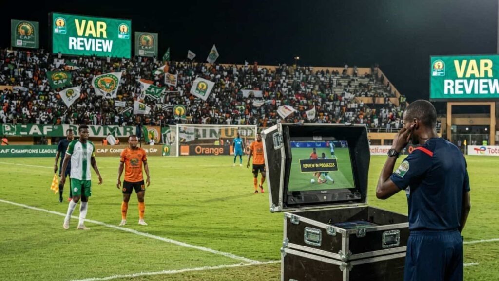La CAF envisage d’étendre la VAR à la phase de groupes de ses compétitions Un arbitre en maillot jaune regarde l'écran de la VAR au bord du terrain sous les projecteurs