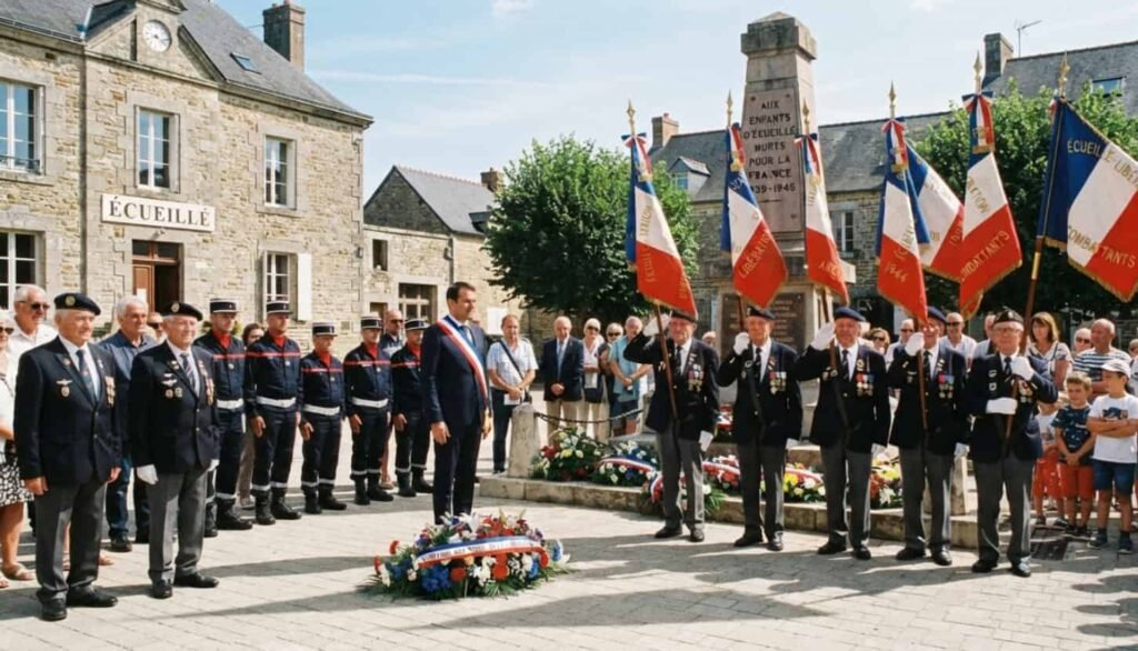 Foule d'habitants, élus et porte-drapeaux rassemblés devant le monument aux morts d'Écueillé lors de la commémoration