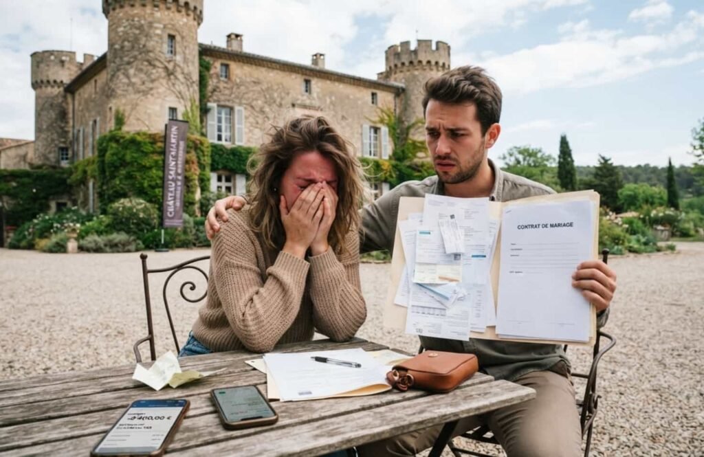 Var : 8 000 euros versés pour un mariage de rêve dans un château, puis plus rien Contrat de réservation de mariage avec reçu d'acompte posé sur une table