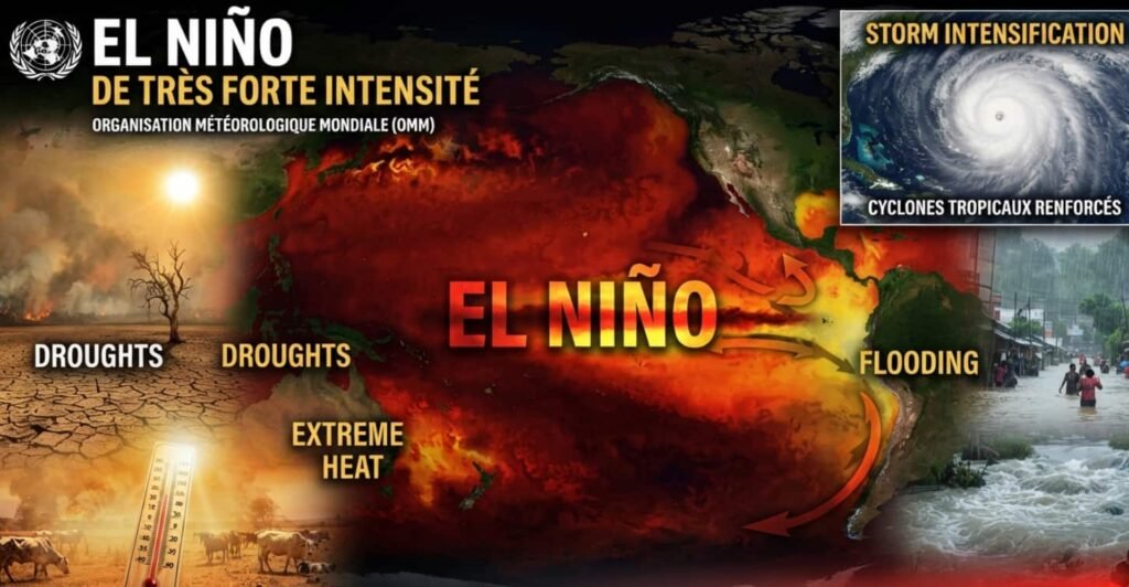 El Niño : l’ONU prévoit un temps d’une violence extrême pour les cinq prochains mois Graphique montrant la courbe des températures de surface de la mer largement au-dessus des moyennes saisonnières