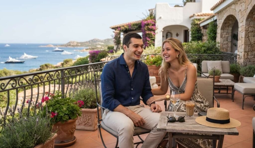 Vue aérienne du village-marina de Porto Cervo avec ses yachts amarrés et ses bâtiments blancs au bord de mer