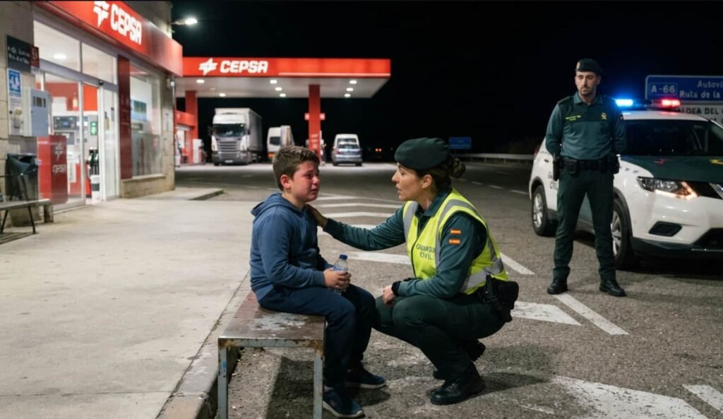 Station-service éclairée la nuit sur l'autoroute A-66 avec plusieurs pompes à essence