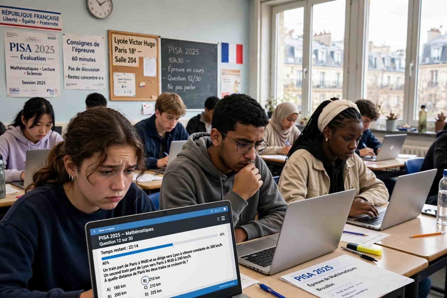 PISA 2025 : la France au plus bas, les élèves favorisés aussi en chute libre Des adolescents assis en rangée dans une salle de classe claire, concentrés devant des ordinateurs portables lors d'un test